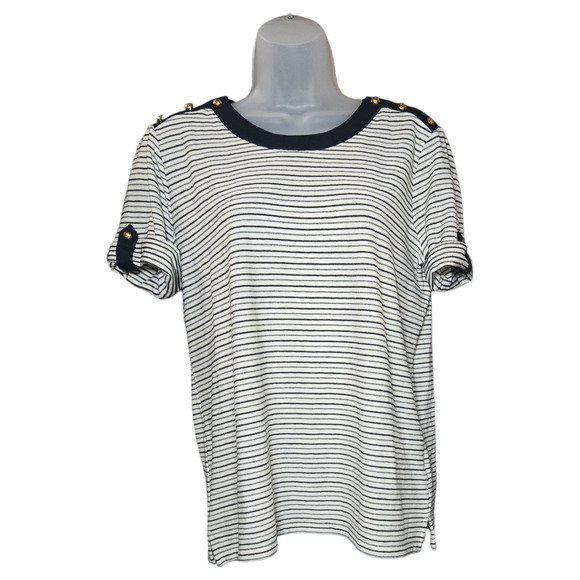 Lauren Ralph Lauren Wom LG Tee Black Striped Gold Buttons Classic Timeless Chic - Picture 1 of 11